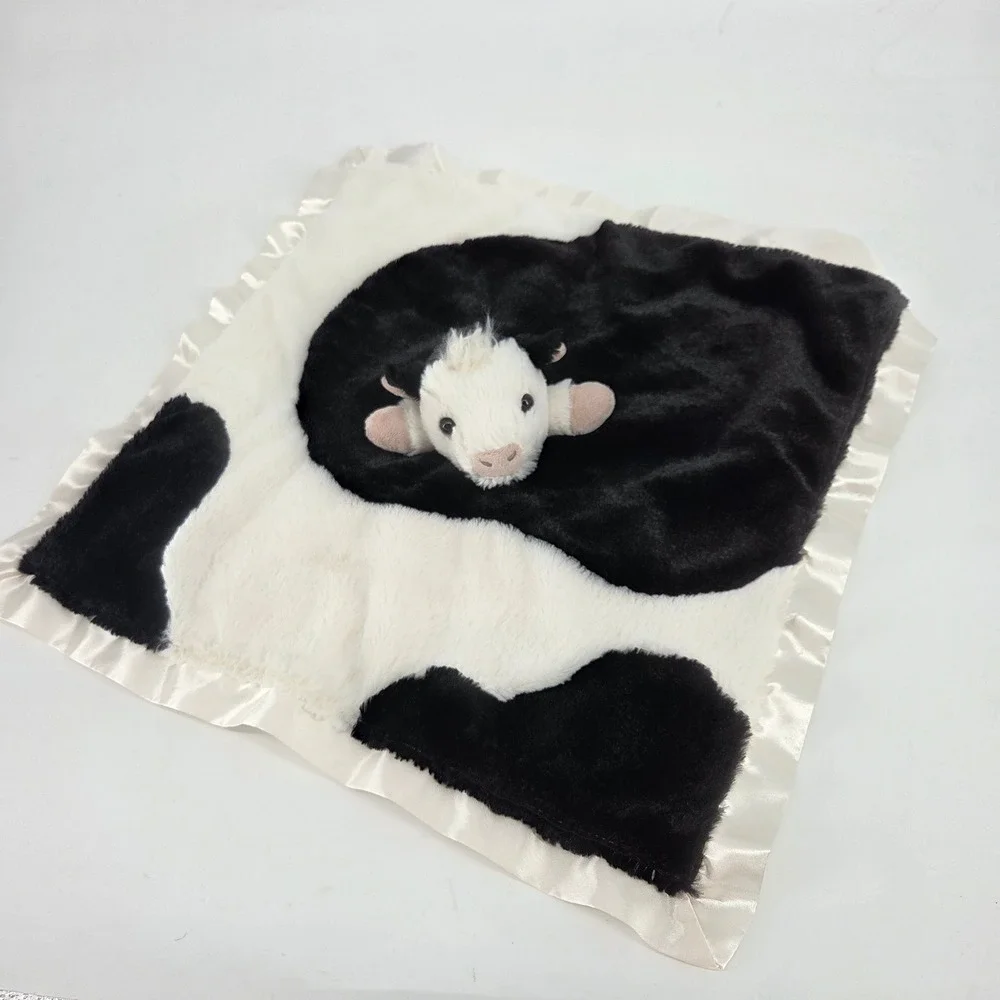 Hallmark Baby Cow Security Blanket Lovey Black White Spotted Faux Fur Satin Trim